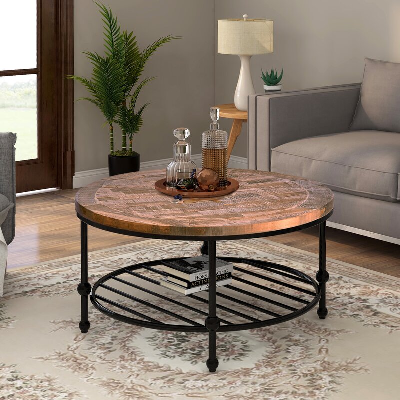 Rustic Natural Round Coffee Table With Storage Shelf For Living Room, Easy Assembly (Round) pc287