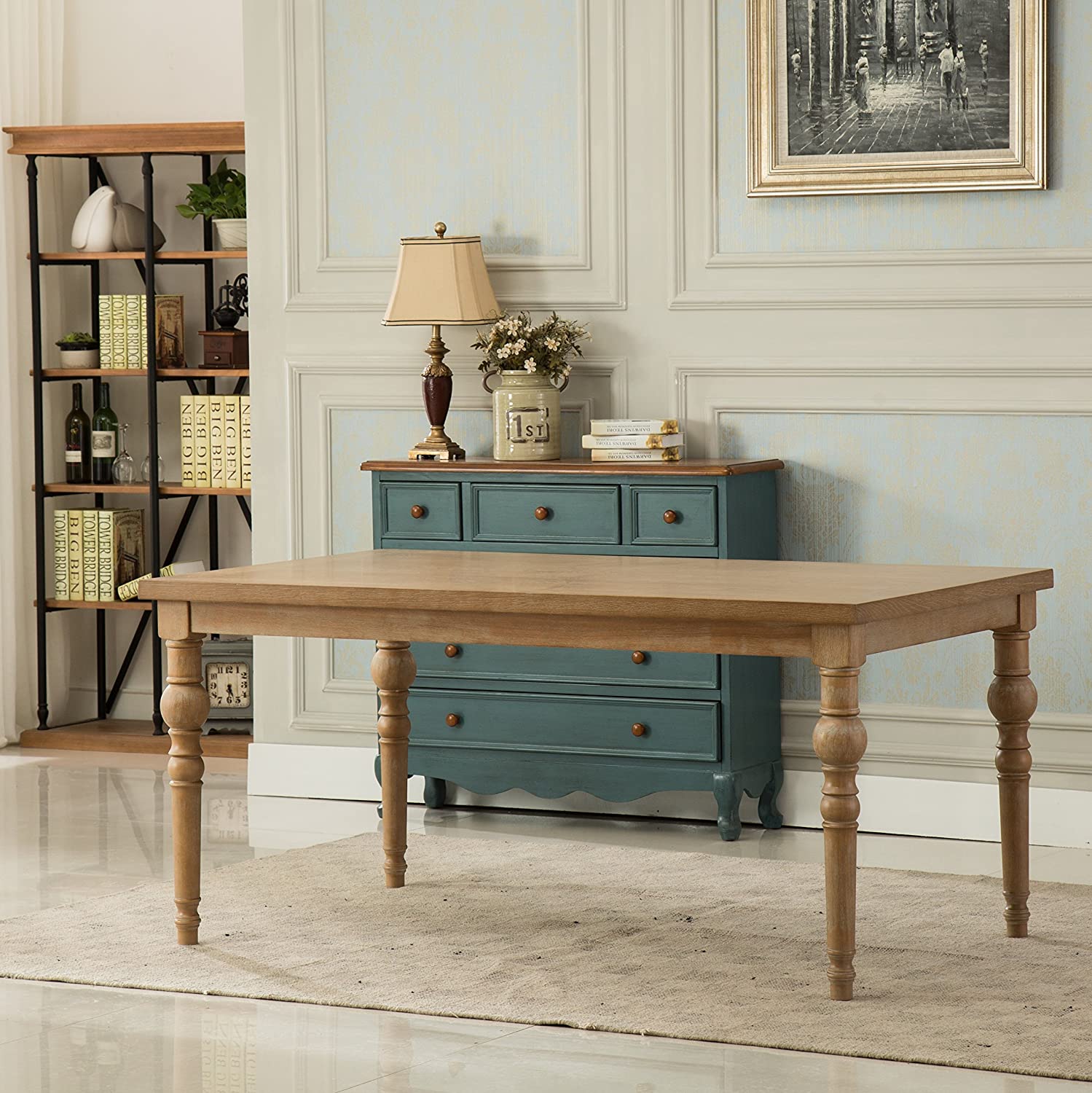 Roundhill Furniture Urban Style Light Brown Dining Table & Six Tan Dining Chairs  #SA1079