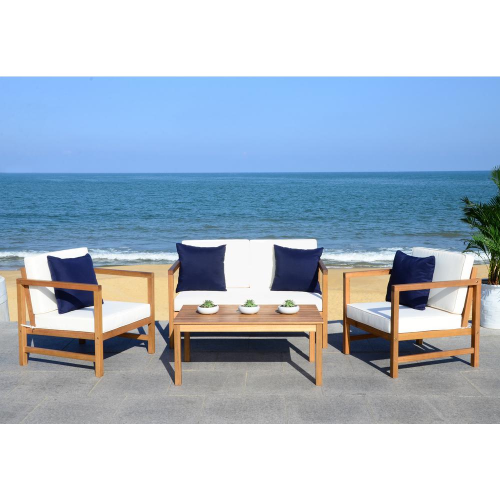 Montez Natural Brown 4-Piece Wood Patio Conversation Set with White Cushions  #SA1119