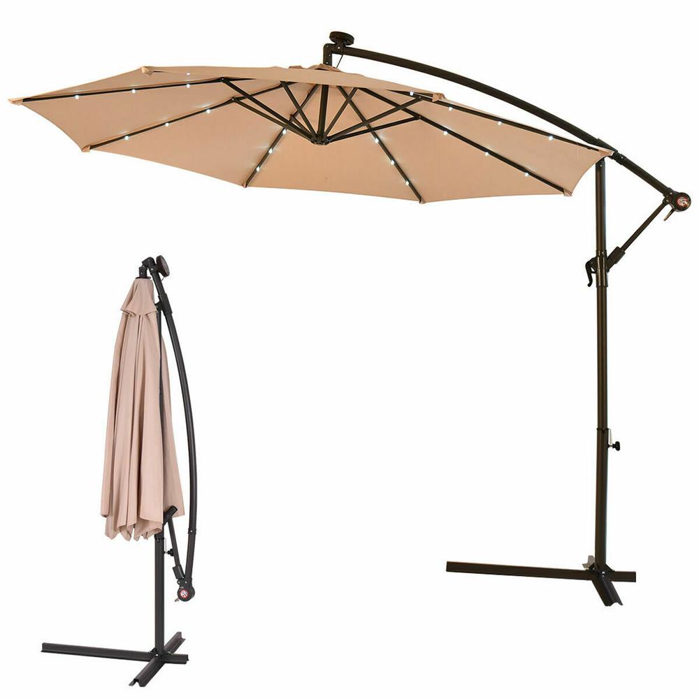 10' Steel Market Hanging Solar LED Beige Patio Umbrella  #SA1276