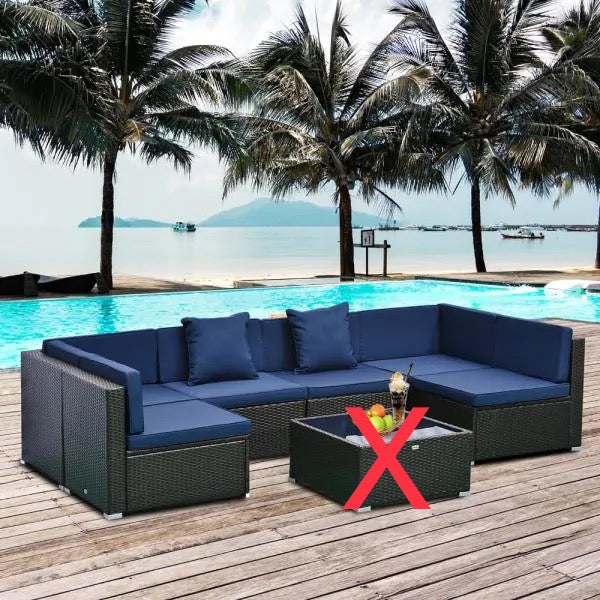 *AS IS* Patio Life Dark Brown 6-Pieces Steel Plastic Rattan Patio Conversation Set with Dark Blue Cushions