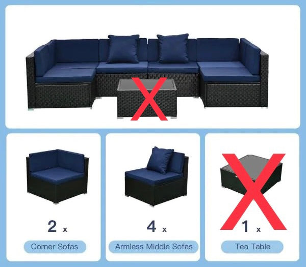 *AS IS* Patio Life Dark Brown 6-Pieces Steel Plastic Rattan Patio Conversation Set with Dark Blue Cushions