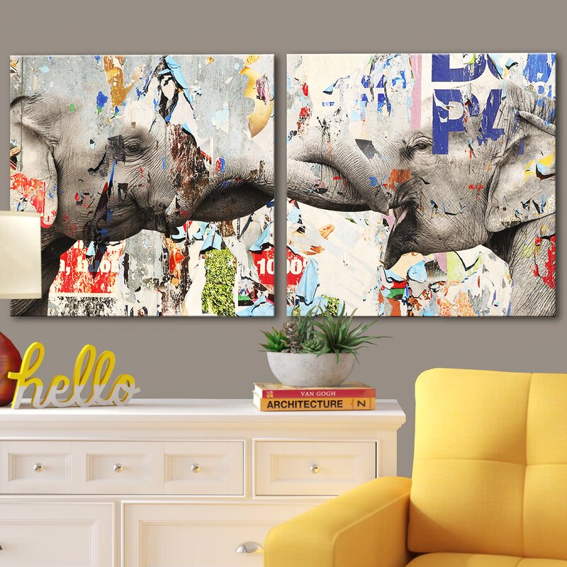 'Saddle Ink Elephant VI' 2 Piece Print Set on Wrapped Canvas - 20" x 40" (#K4369)