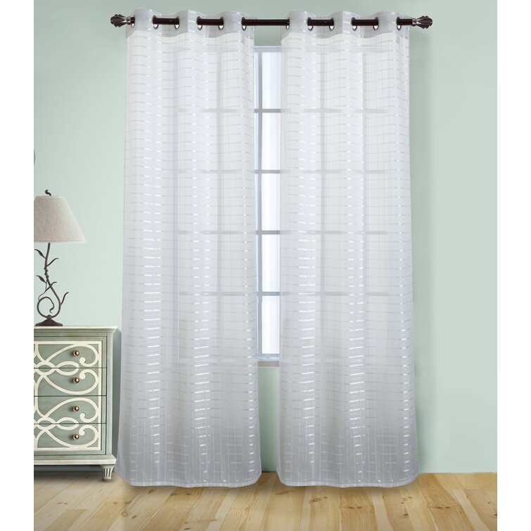 White Samel Box Voile Striped Semi Sheer Grommet Curtain Panels (Set of 4)