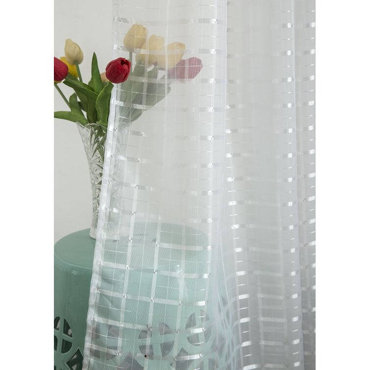 White Samel Box Voile Striped Semi Sheer Grommet Curtain Panels (Set of 4)