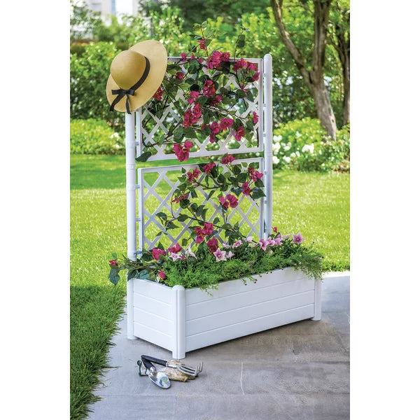White Savannah Plastic Elevated Planter with Trellis