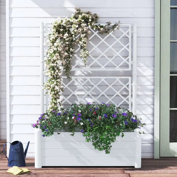 White Savannah Plastic Elevated Planter with Trellis