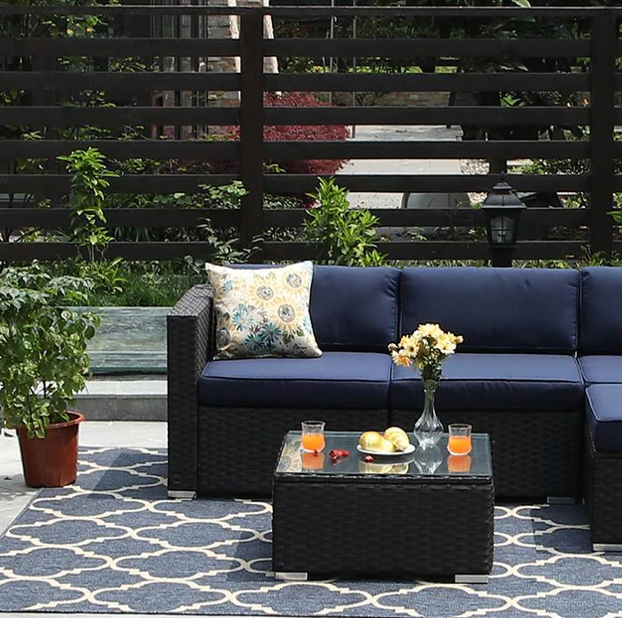 PHI VILLA Blue Rattan Patio Sectional Sofa