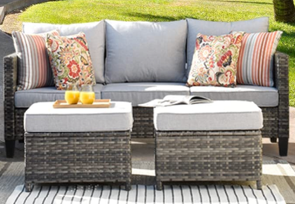 XIZZI Patio Furniture Sets Outdoor Conversation Set 3 Piece All Weather Wicker Sofa with Ottomans and 2 Pillows for Garden Backyard Deck,Grey Wicker Grey Cushion