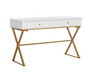 Rectangular White/Gold 2 Drawer Writing Desk with Built-In Storage