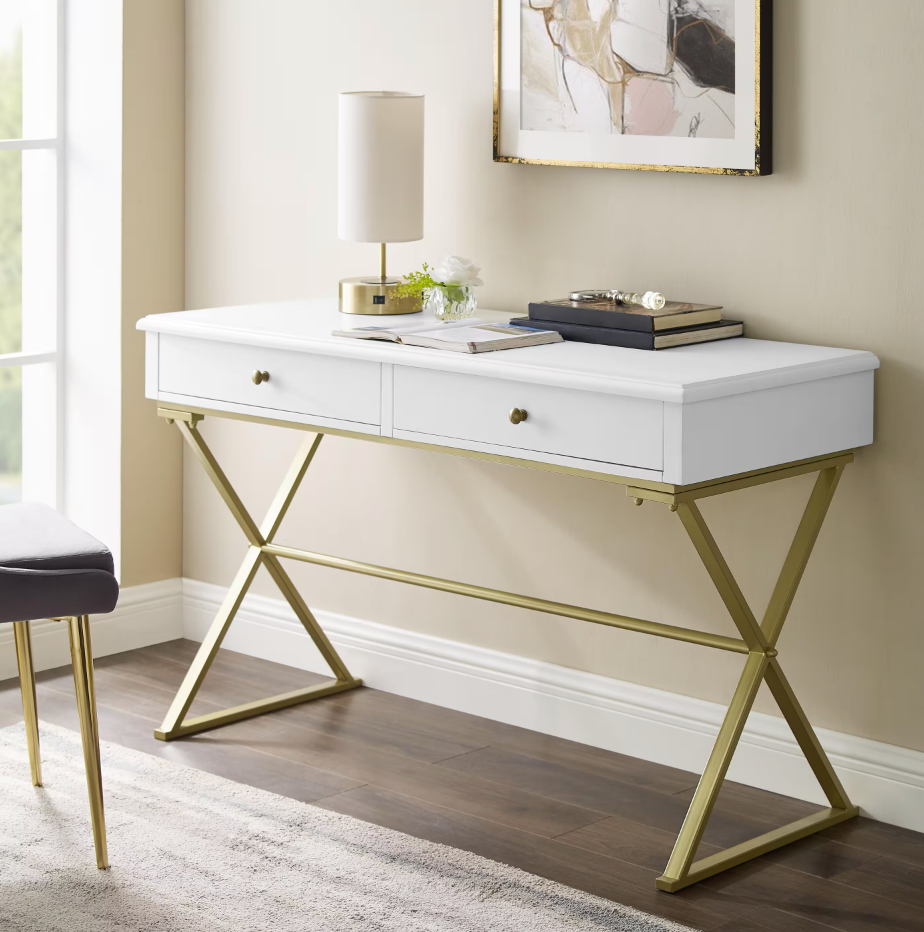 Rectangular White/Gold 2 Drawer Writing Desk with Built-In Storage