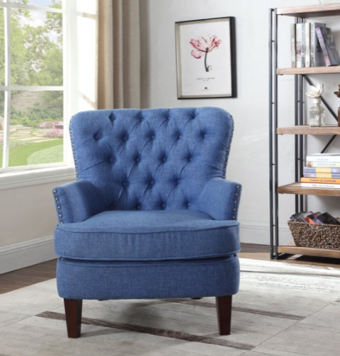 Blue Button Tufted Accent Chair with Nailhead