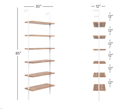 Zachary 85" x 30" Metal Ladder Bookcase, Rustic Oak/White (#K6762)