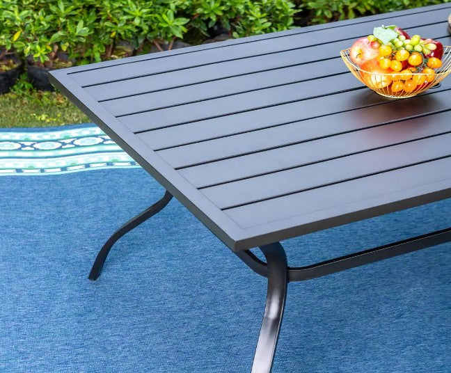 Black Slat Rectangle Metal Patio Outdoor Dining Table with 1.57 in. Umbrella Hole