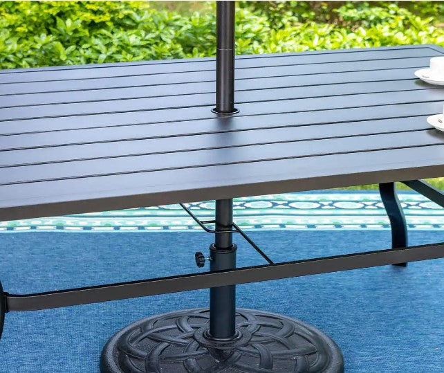 Black Slat Rectangle Metal Patio Outdoor Dining Table with 1.57 in. Umbrella Hole
