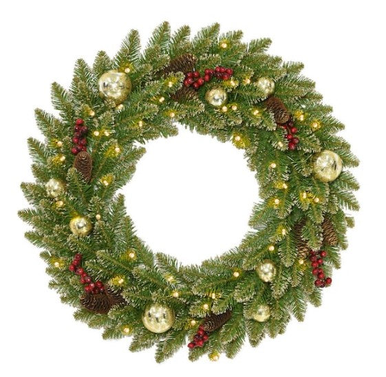 24 in. Artificial Glittery Gold Dunhill Fir Wreath with Battery Operated LED Lights