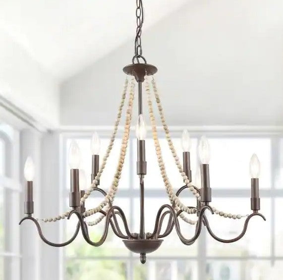 28 in. 9-Light Farmhouse Wood Beaded Dining Candle Chandelier with Rust Accents