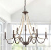 28 in. 9-Light Farmhouse Wood Beaded Dining Candle Chandelier with Rust Accents