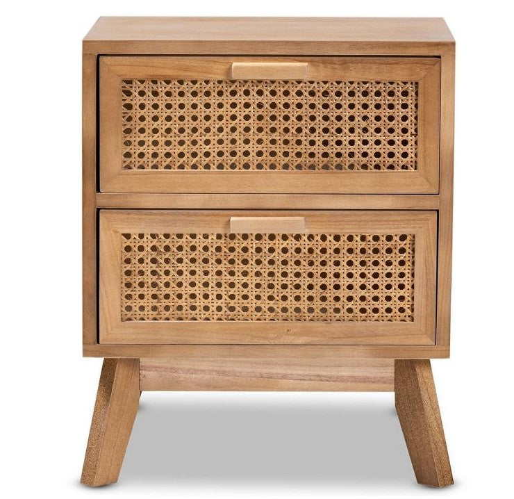 Baden Wood with Rattan 2 Drawer Nightstand Walnut Brown