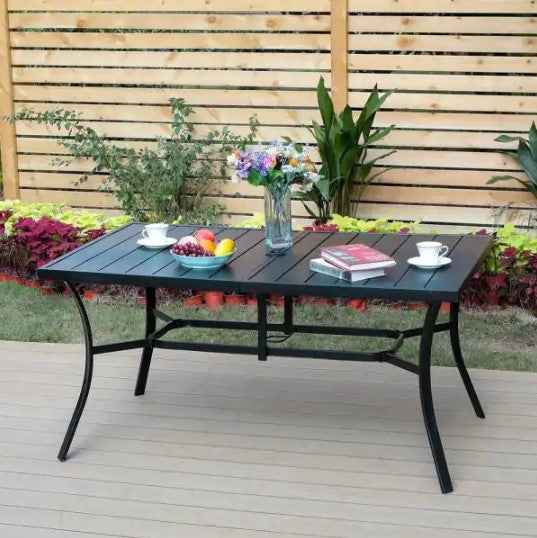 Black Rectangle Metal Patio Outdoor Dining Table with 1.57 in. Umbrella Hole