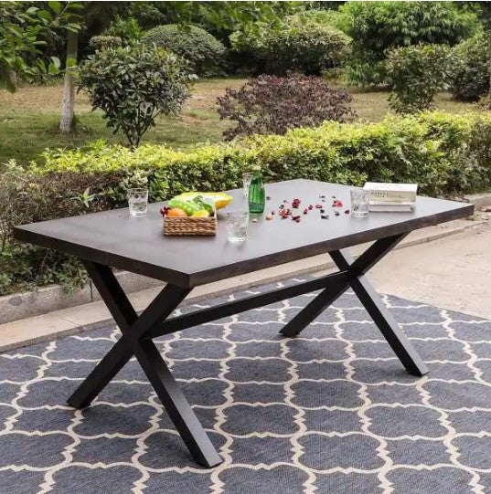 Black Rectangle Metal Patio Outdoor Dining Table with Wood-Look Tabletop