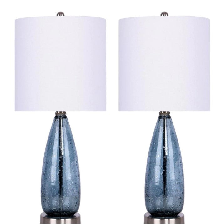 22 in. Sapphire Blue Glass Accent Lamps with Brushed Nickel Accents and Off-White Linen Shades (2-Pack)