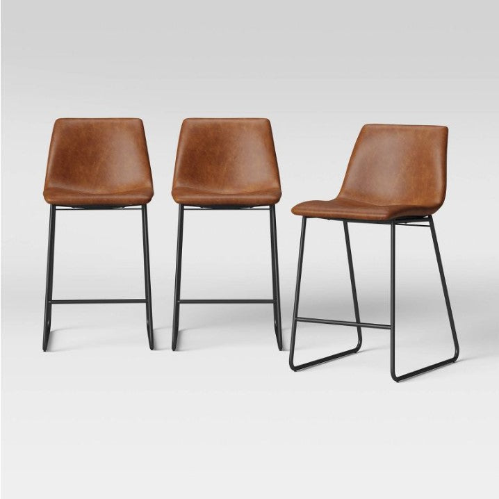 3pk Bowden Faux Leather and Metal Counter Height Barstool Caramel