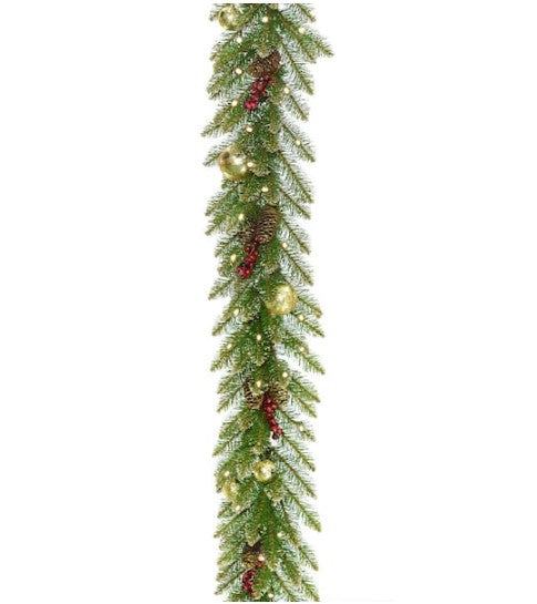 9 ft. x 10 in. Glittery Gold Dunhill Fir Garland with Red Berries, Gold Edged Cones, Gold Ornaments