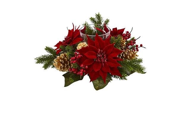 14" Poinsettia, Berry and Golden Pine Cone Candelabrum Artificial Arrangement