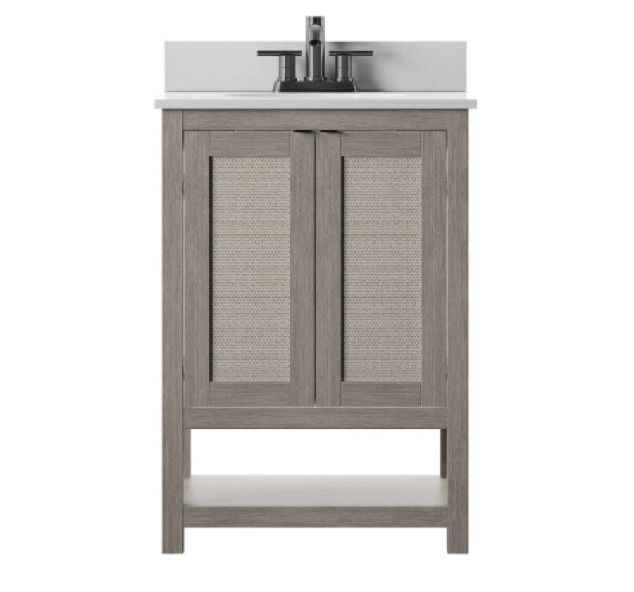 24 in. Bath Vanity in  Barstow  Acacia with Coastal Linen Doors and Vanity Top in White Stone with Basin
