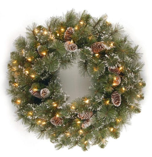 24 in. Glittery Pine Artificial Wreath with Clear Lights