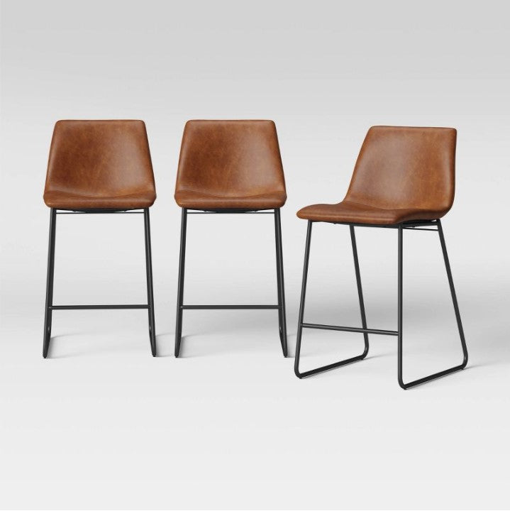 3pk Bowden Faux Leather and Metal Counter Height Barstool Caramel