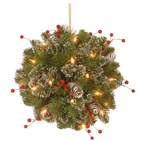 12 in. Glittery Mountain Spruce Kissing Ball with Battery Operated Warm White LED Lights