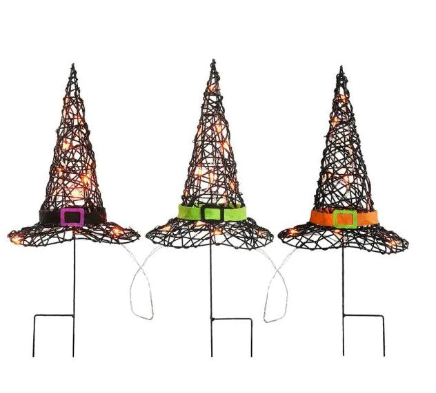 23 in. Pre-Lit Black Witch's Hat Garden Stakes with Battery Operation