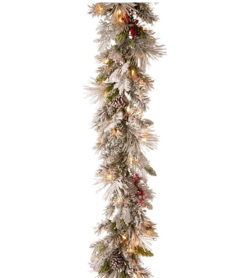 9 ft. Battery Operated Snowy Bedford Pine Garland with LED Lights