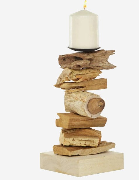 1 Candle Wood Pillar Candle Holder (12-in H x 6-in W x 6-in L)
