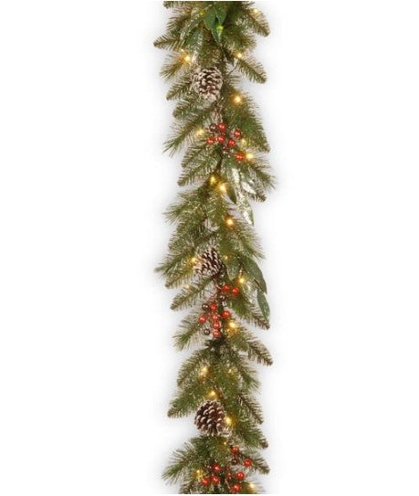 9 ft. x 12 in. Frosted Pine Berry Collection Garlands with Cones, Red Berries, Silver Glittered Eucalyptus Leaves