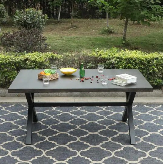 Black Rectangle Metal Patio Outdoor Dining Table with Wood-Look Tabletop