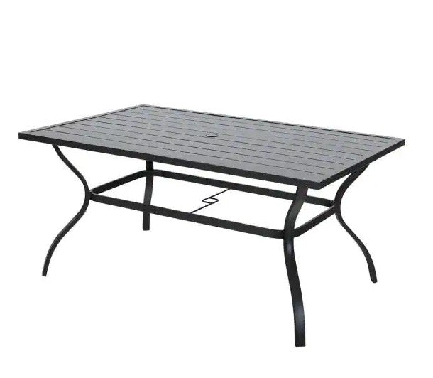 Black Slat Rectangle Metal Patio Outdoor Dining Table with 1.57 in. Umbrella Hole