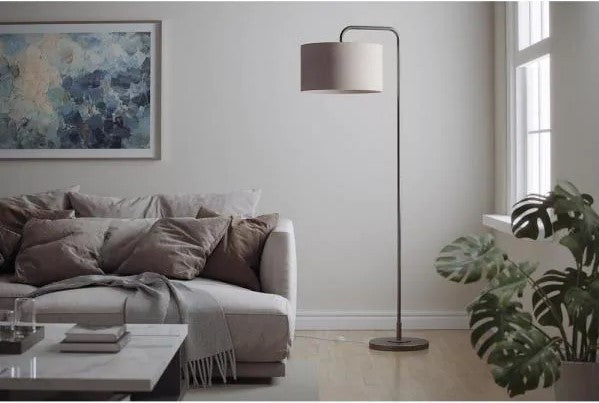 64 in. Oil Rubbed Bronze Floor Lamp with Arc Design and Luxurious Natural Linen Drum Shade