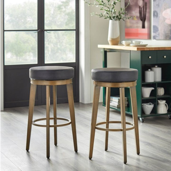 2Pc Linden Swivel Counter Height Barstools Black/Gold
