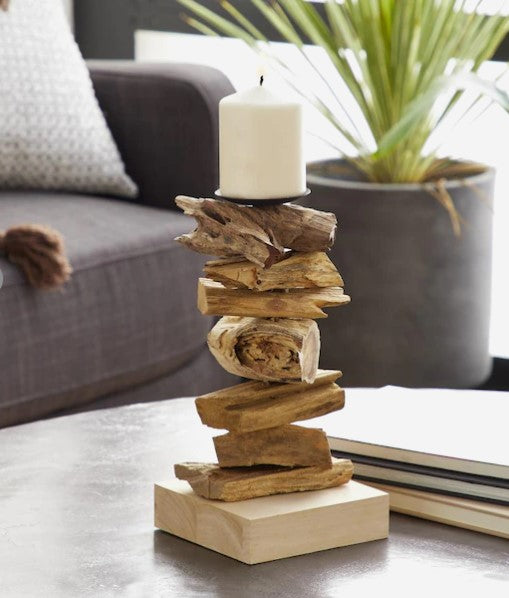 1 Candle Wood Pillar Candle Holder (12-in H x 6-in W x 6-in L)