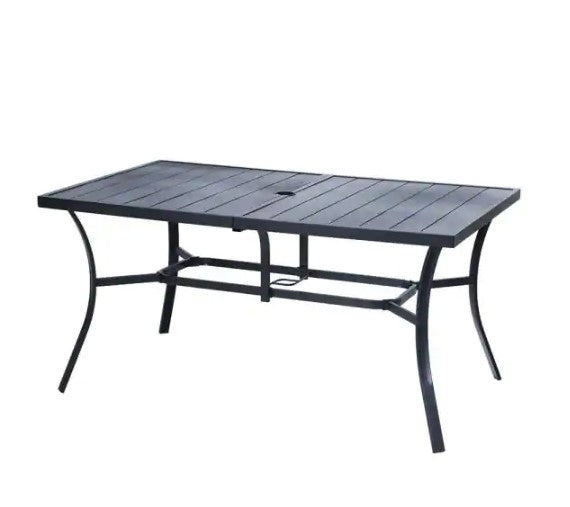 Black Rectangle Metal Patio Outdoor Dining Table with 1.57 in. Umbrella Hole