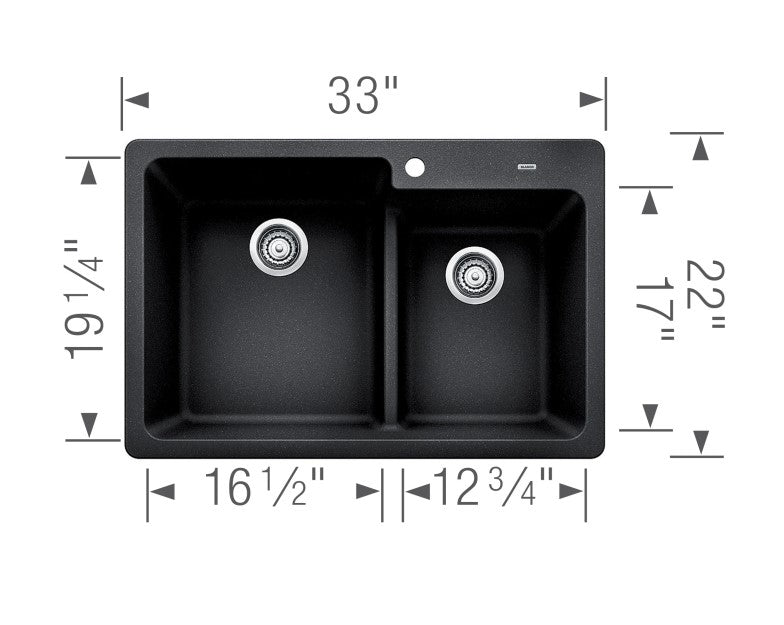 Blanco Grandis 33" Drop In or Undermount SILGRANIT Double Bowl Kitchen Sink with 60/40 Split and Low Divide EJ946