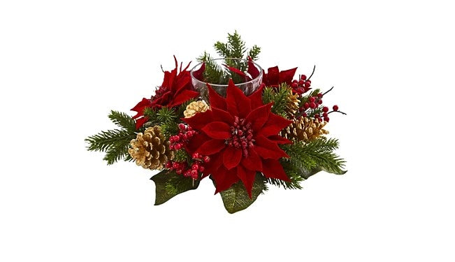 14" Poinsettia, Berry and Golden Pine Cone Candelabrum Artificial Arrangement
