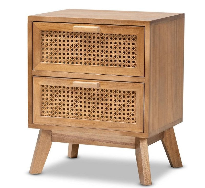 Baden Wood with Rattan 2 Drawer Nightstand Walnut Brown