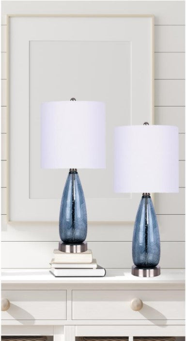 22 in. Sapphire Blue Glass Accent Lamps with Brushed Nickel Accents and Off-White Linen Shades (2-Pack)