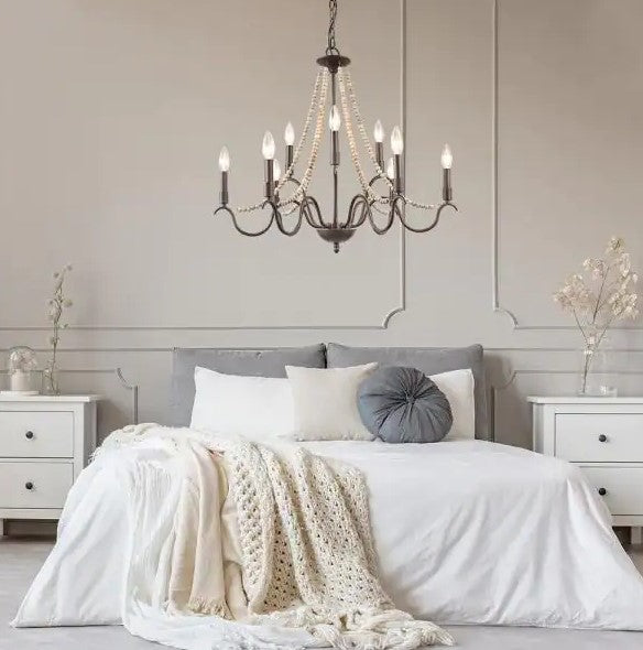28 in. 9-Light Farmhouse Wood Beaded Dining Candle Chandelier with Rust Accents
