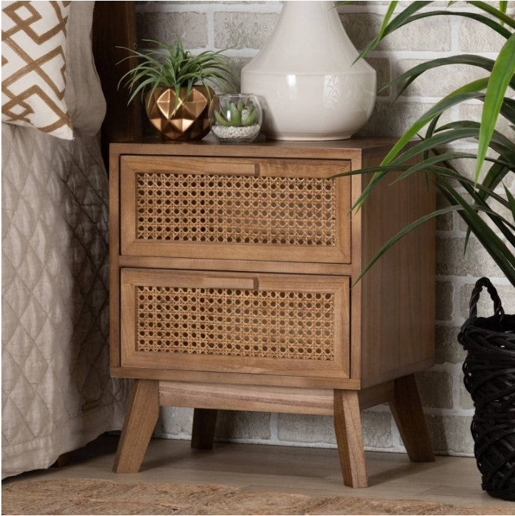 Baden Wood with Rattan 2 - Drawer Nightstand Walnut Brown