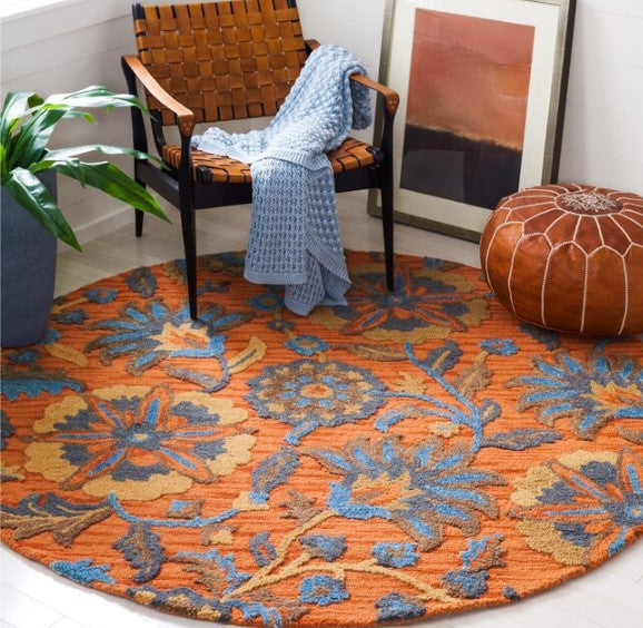 Blossom Maua 6 x 6 Wool Rust/Blue Round Indoor Floral/Botanical Bohemian/Eclectic Area Rug